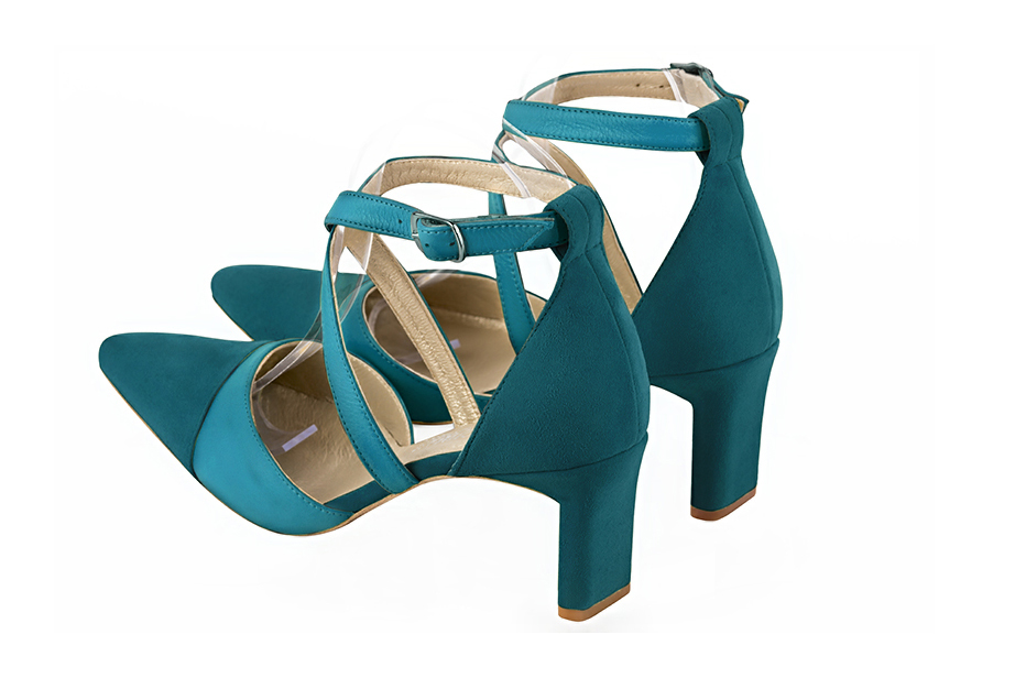 Peacock blue women's open side shoes, with crossed straps. Tapered toe. Medium comma heels. Rear view - Florence KOOIJMAN